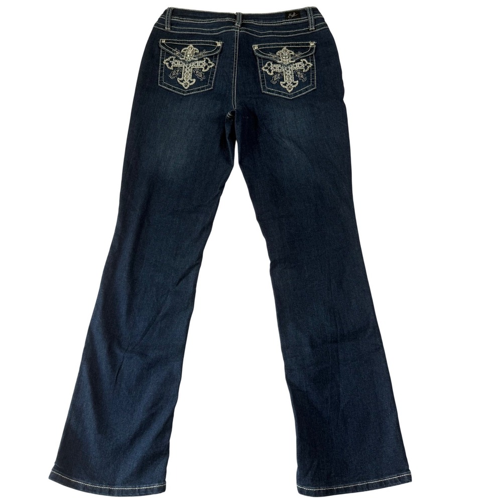 Y2K Earl Jean Barely Boot Womens 10 Dark Wash Embroidered Cross Rhinestone Jeans
